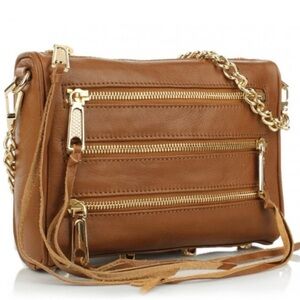 Rebecca Minkoff Mini 5-Zip Rocker crossbody bag in tan or whiskey leather